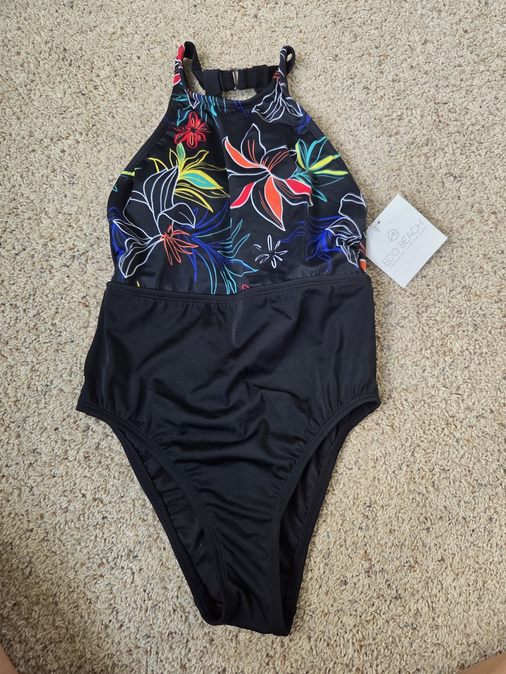 Black Floral High-Neck One-Piece Swimsuit